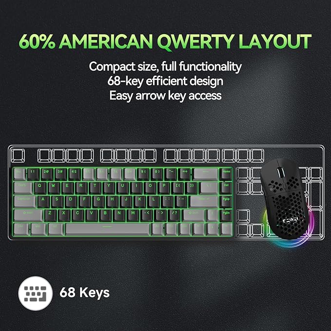 TMKB T68 60% Wireless Mechanical Gaming Keyboard, Tri-Mode BT5.0/2.4GHz/USB-C with Clicky Blue Switch, RGB Backlight, Anti-Ghosting, Compact 68 Keys, Wired/Wireless, Gray/Black