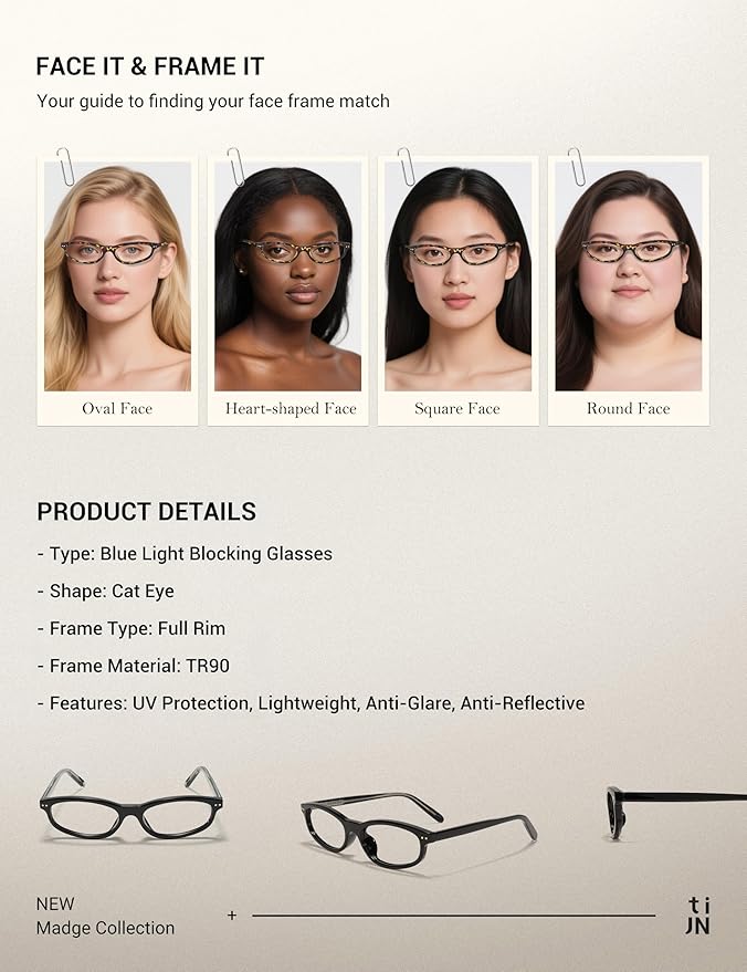 TIJN Olisa Blue Light Blocking Glasses for Women Men,Oval Glasses Frame Bluelight Glasses for Gaming/Computer/Screen