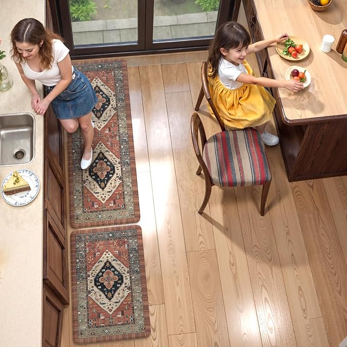 KIMODE Anti Fatigue Kitchen Mats for Floor, Red Boho Distressed Kitchen Rugs Sets of 2, Non Slip Waterproof Kitchen Floor Mats, Comfort Mats for Kitchen Floor Sink Laundry Desk 20"x59"+20"x32"