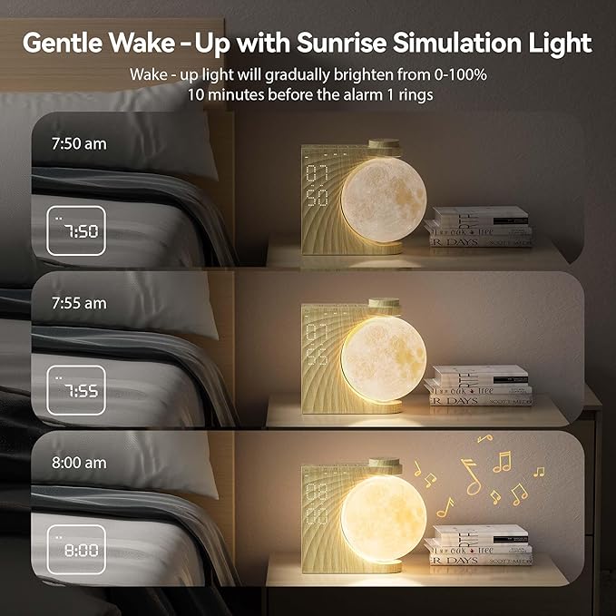 Rotating Moonlight Alarm Clock for Heavy Sleepers - Sunrise Simulation Wake-Up Light, Snooze, 10 Light Effects, 30/60/90 Timer, 10 Nature Sounds & 15 Ringtones,12 Volume- Bedroom Lamp for Kids Adults