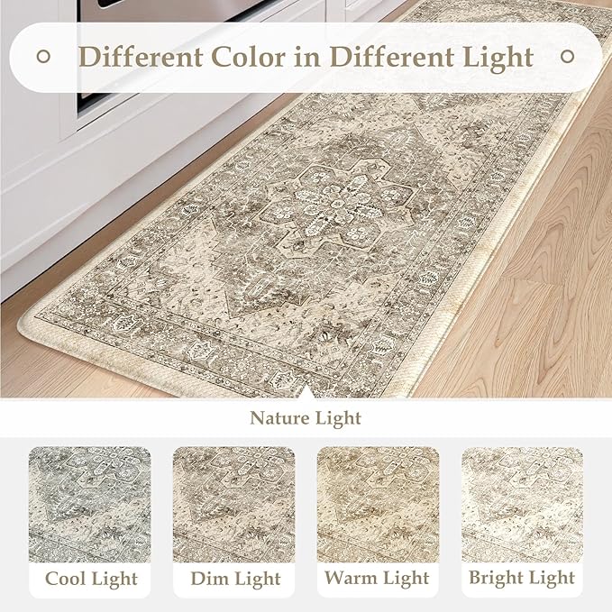KIMODE Anti Fatigue Kitchen Mats 20"x71"+20"x32", Boho Distressed Kitchen Rugs Sets of 2, Non Slip Waterproof Kitchen Floor Mats, Memory Foam Kitchen Mat for Sink Laundry Desk Bedroom Khaki