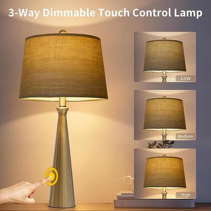 Oneach 25.75" Table Lamps for Living Room Bedroom, Bedside Lamp 3-Way Dimmable Touch Control, Modern Silver Nightstand Light Fabric Shade Vintage Accent Style