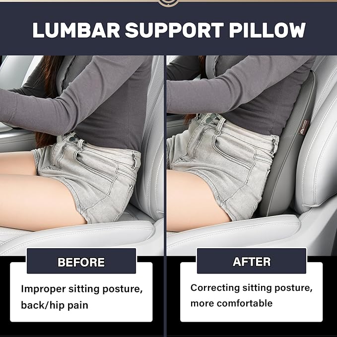 Coverado Lumbar Support Pillow for Car, Ergonomic Memory Foam Back Pillow for Office Chair, Back Cushion for Back Pain Relief, PU Leather Car Lumbar Support for Driving Seat - Gray