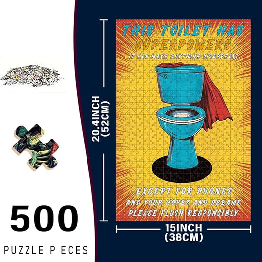 500 Piece Wooden Jigsaw Puzzle Toilet Superpowers for Adults Kids Challenging Educational Game Stress Relief Time Killing Focus Tool for Home Bar Decor & Friends Gatherings 20.4x15 Inch
