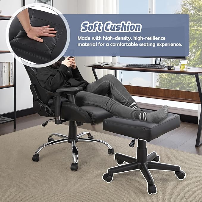 VECELO Under Desk Footrest, PU Ergonomic Foot Rest with Wheels, Comfort Padding, Height Adjustable for Relieving Leg Pain, Stiffness, Black