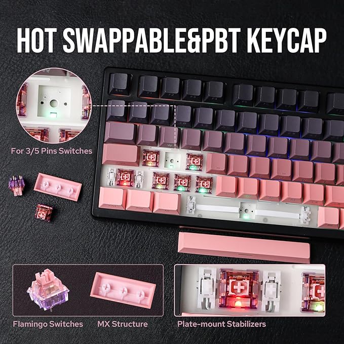 EPOMAKER HE75 Wireless Mechanical Keyboard with Metal Knob, 4000mAh Battery, Hot-Swappable Gasket Gaming Keyboard with RGB Backlight for Mac/Win (Black Pink)