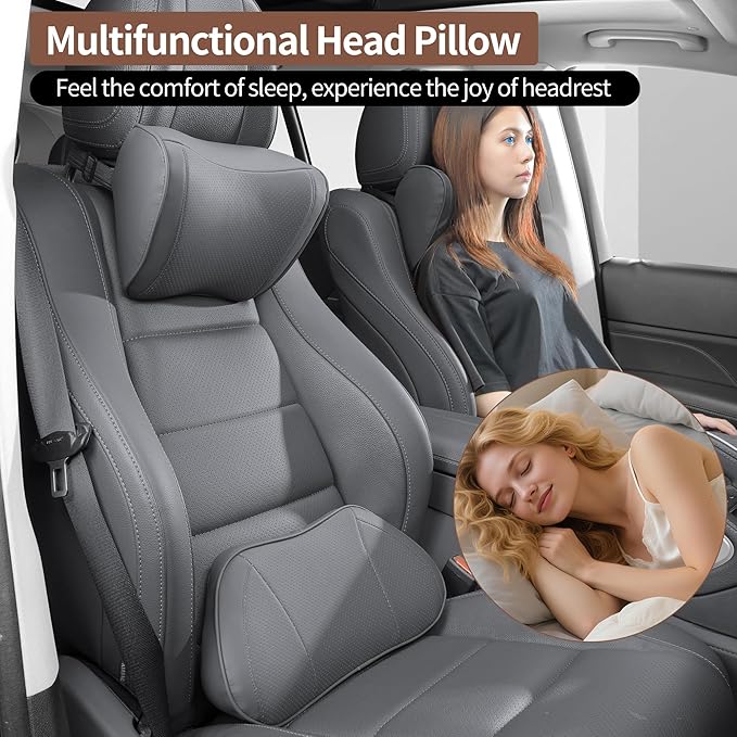 Car Headrest Pillow 100% Memory Foam, Breathable Removable Leather Cover, Premium Seat Support Head Neck Cushion for Driving Travel Home Office, Gray, 1 Pack