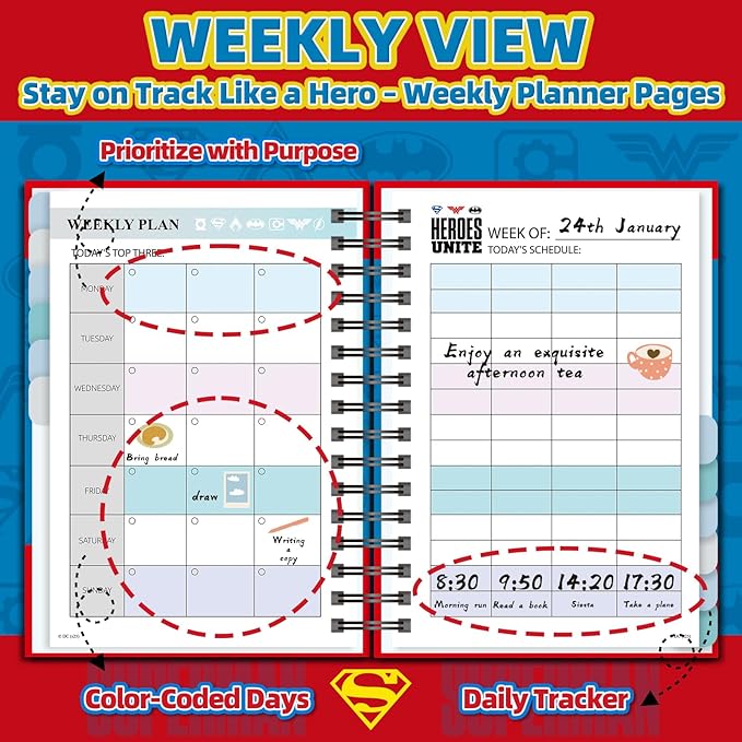 Hardcover Spiral Notebook Journal with 12 Dividers Tabs,Weekly & Monthly Planner,Productivity Journal,Superhero Theme,Leather Organizer for Work,School,Adults,Teens and Professionals (SUPERM-Logo)