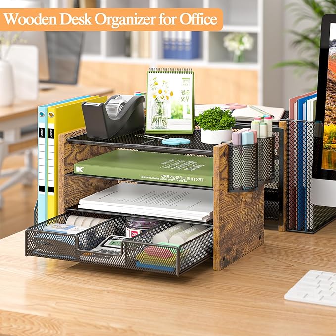 Wooden Desk Organizers and Accessories with File Holder, 4-Tier Paper File Organizer with Drawer & 2 Pen Holders, Office Desk Accessories, Desktop Organizer and Storage for Home Office