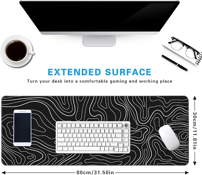 Minimalist Topographic Map Mouse Pad - Contour Extended Large Stitch Edge Mousepad. Black & White Non-Slip Gaming Desk Mat 31.5x11.8inch