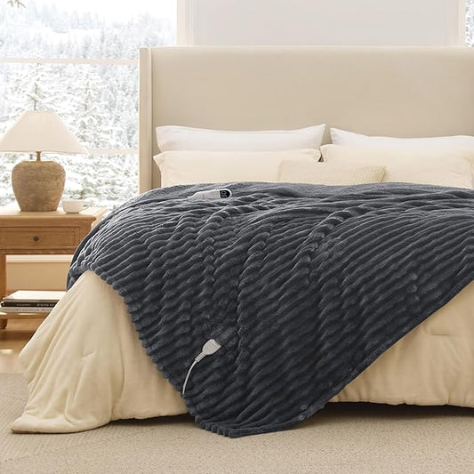 Bedsure Electric Blanket Full Size - Thick Striped Flannel Heated Blanket with 6 Heat Settings, Heating with 10 Time Settings, 8-Hour Timer Auto Shut Off, Gift for Grandma (72x84 inches, Grey)