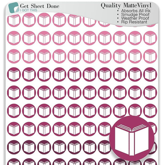Book Icon Planner Sticker / 110 Dot Icon Vinyl (1/3”) / Club Read Reading Me Time Self Care Homework School Student/Essential Productivity Life/Bullet Bujo Journal (One Sheet, Berry)