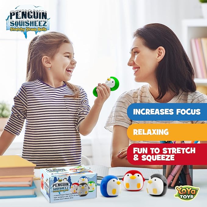 YoYa Toys Penguin Squisheez Squishy Stress Relief Balls (Set of 4) | Stretchy Fidget Animal Shaped Toys for Boys, Girls & Adults | Stretch Penguin Squeeze Toy | Great for ADHD, Autism, Anxiety