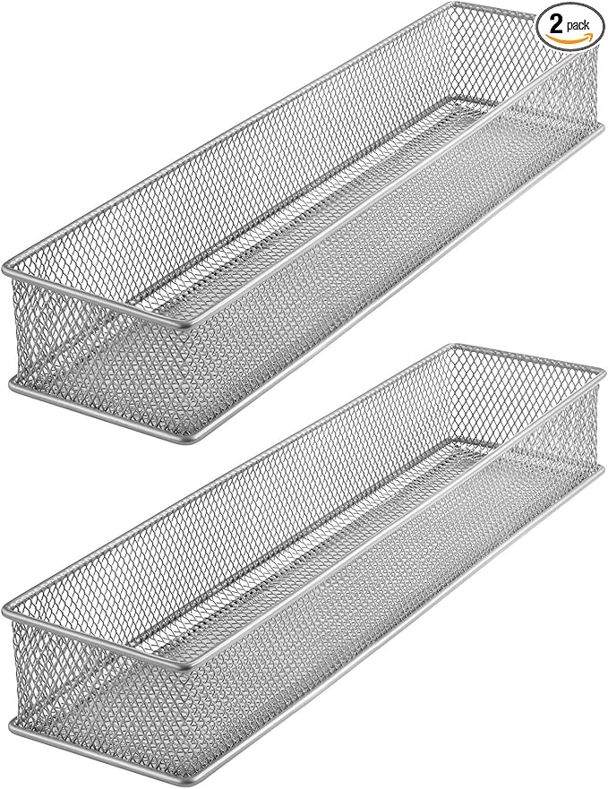 YBM HOME Silver Mesh Drawer Cabinet and or Shelf Organizer Bins, School Supply Holder Office Desktop Organizer Basket (2, 3x12x2 Inch)