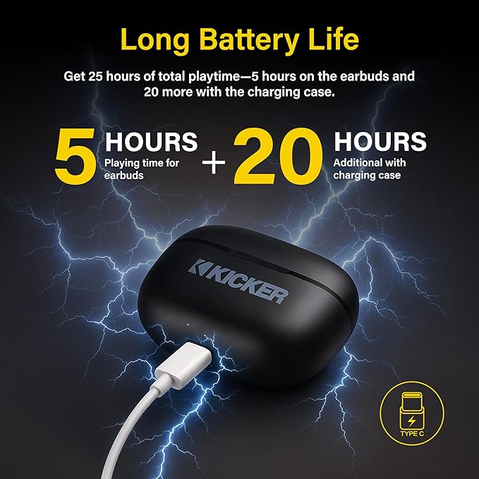 KICKER Bluetooth Earbuds 50KTWS3 Wireless Earbuds with Active Noise Cancellation, 25-Hour Battery Life, in-Ear Headphones with Dual Microphones for Clearest Voice Clarity Touch Controls