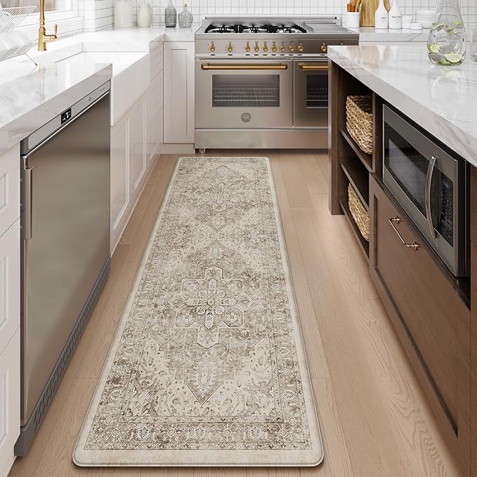 KIMODE Anti Fatigue Kitchen Mats for Floor, 20"x71" Boho Oriental Kitchen Rug, Padded Kitchen Floor Mats Non Slip, Cushioned Standing Mats for Front of Sink Laundry Desk Bedroom Khaki