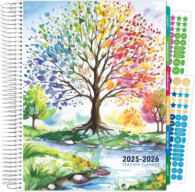 Aug 2025-Jul 2026 Deluxe Teacher Planner Notebook 8.5x11 Daily Weekly Monthly Organizers with 7 Periods, Pocket Folder, Dated Calendar, Page Tabs, Bookmark and Planning Stickers (Tree Seasons)