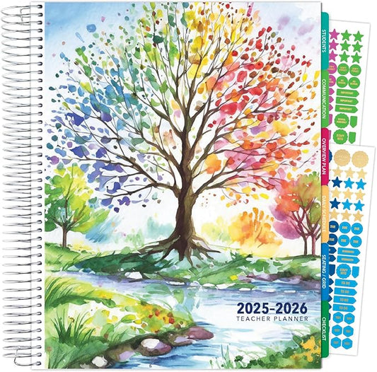 Aug 2025-Jul 2026 Deluxe Teacher Planner Notebook 8.5x11 Daily Weekly Monthly Organizers with 7 Periods, Pocket Folder, Dated Calendar, Page Tabs, Bookmark and Planning Stickers (Tree Seasons)