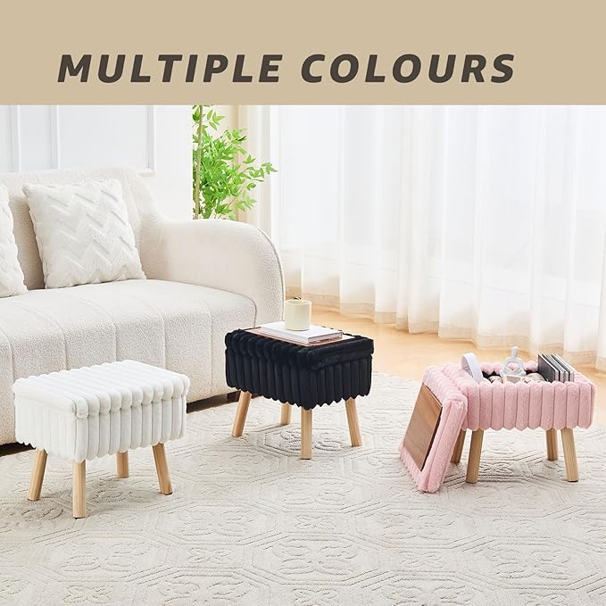 Wimarsbon Storage Ottoman,Soft Faux Fur Footstool with Padded Seat, Small Reading Vanity Chair, Footrest with Wood Tray for Couch, Mini Coffee Table or Display Stand (Black, Rectangular Storage)