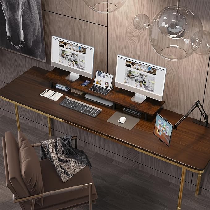Large Dual Monitor Stand Riser 43.3IN，Vintage Home Office Storage For Desk Accessories，Solid Wod Desk With Adjustable Legs For computer/PC/Laptop/Printer/Container/dressing table