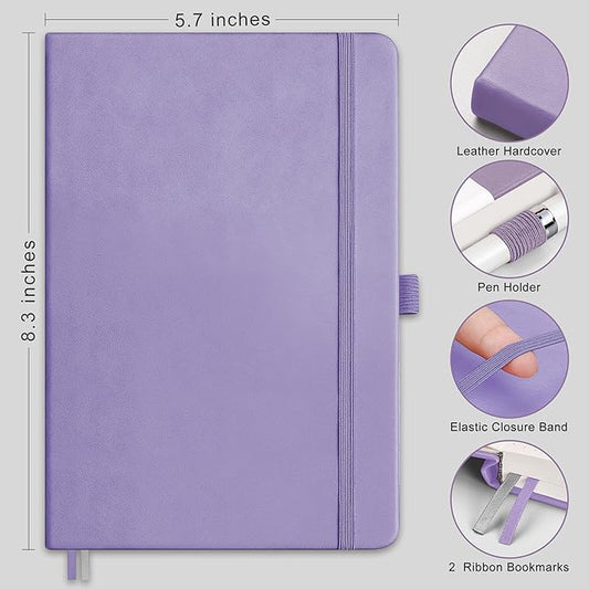 RETTACY Bullet Dotted Journal Notebook, 256 Pages, A5 Medium Size (5.7'' × 8.3''), Leather Hardcover, 120 GSM Thick Paper, for Bullet Journaling, Planning, Tracking (Purple)
