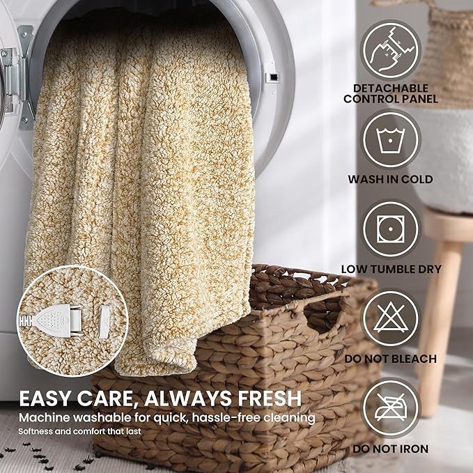 Electric Heated Blanket Throw 50x60 inches, Fast Heating w/ 10 Heat Settings & 2/4/8/10H Auto Timer, Double-Sided Sherpa, Ultra Soft & Cozy for Couch, Bed, Office, Machine Washable, Light Camel