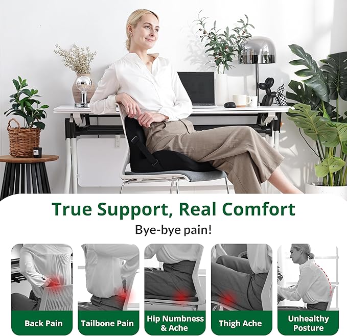 Memory Foam L-Shaped Seat Cushion with Lumbar Support & Adjustable Strap - Tailbone Pain Relief for Office Chair, Car, Home - Non-Slip Bottom, Breathable Mesh Cover (Black)