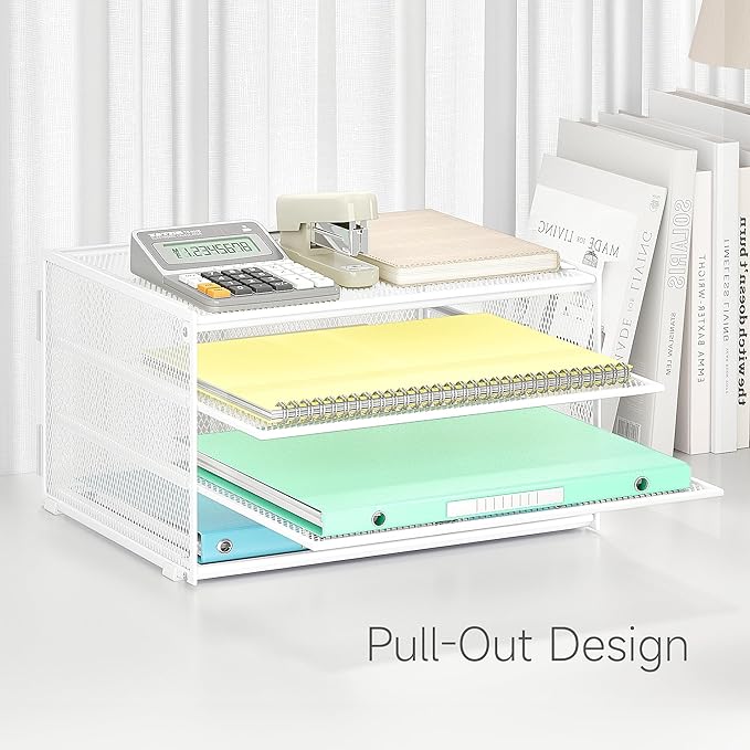 Lavatino 3-Tier Letter Tray Desk Paper Organizer – White Mesh Metal File Tray Organizer for Desk, Office Supplies & Home Organization | Fits A4/Letter Paper, Mail, Magazines and Office Accessories