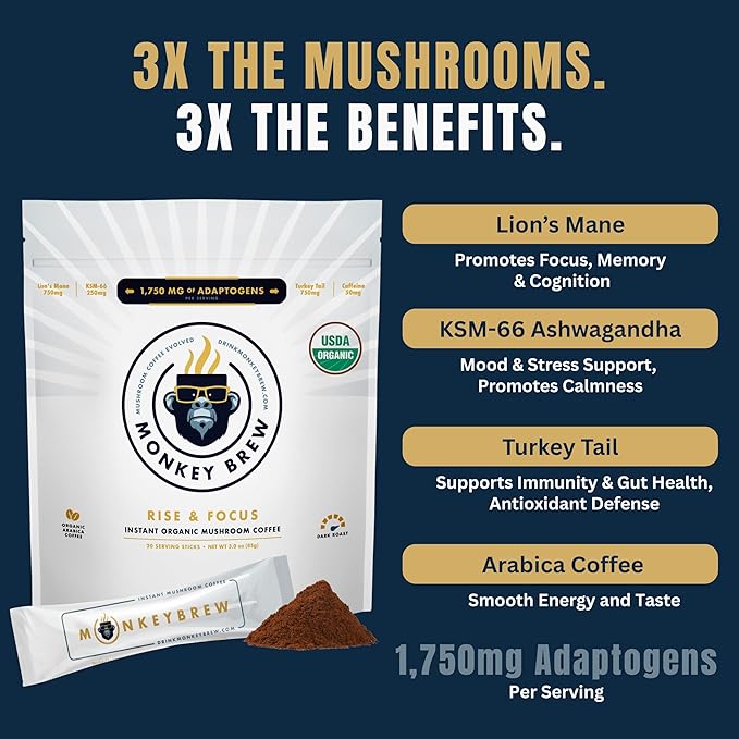Monkey Brew Rise & Focus USDA Organic Mushroom Coffee | Boosts Focus, Energy, Immunity & Mood | 1,750mg Adaptogens: Lion’s Mane, Turkey Tail, KSM-66 Ashwagandha | Low Caffeine, Fruiting Body