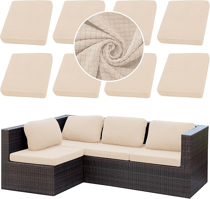 8Pcs Stretch Patio Cushion Cover Outdoor Cushion Cover Replacement Slipcovers Thick Jacquard Textured Twill Fabric Porch Patio Furniture Protector Polyester Fiber (Cream，Cover，Only)