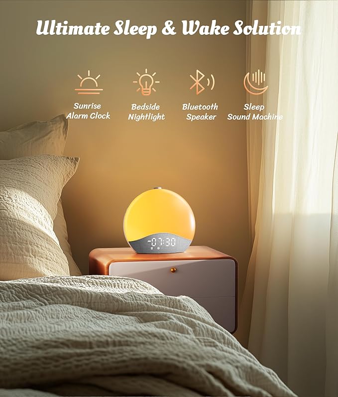 ecozy Sunrise Alarm Clock, White Noise Sound Machine, Upgraded Backlit Buttons for Bedrooms, 26 Soothing Sounds, 17 Night Lights, Bluetooth Speaker, Wake Up Sunlight for Heavy Sleepers, Adults, Kids
