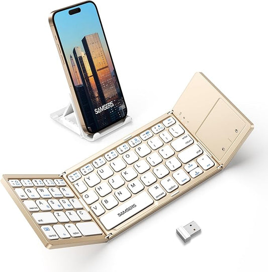 Samsers Multi-Device Foldable Bluetooth Keyboard with Touchpad, Rechargeable Dual-Mode(2.4G+BTx2) Wireless Keyboard with Holder, Portable Folding Keyboards for Android Windows iOS Mac OS - Gold
