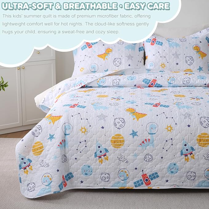 Cute Dinosaur Space Rocket Quilt Set for Boys Full Size Kids Bedding Sets Lightweight Summer Bedspread Soft Microfiber Breathable Bed Comforter All-Season