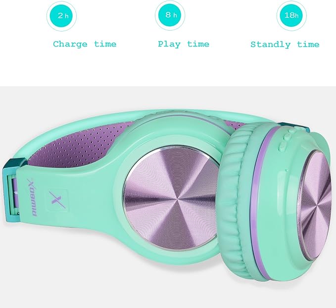 Riwbox Bluetooth Headphones, XBT-80 Folding Stereo Wireless Bluetooth Headphones Over Ear with Microphone and Volume Control, Wireless and Wired Headset for PC/Cell Phones/TV/Gym (Purple Green)