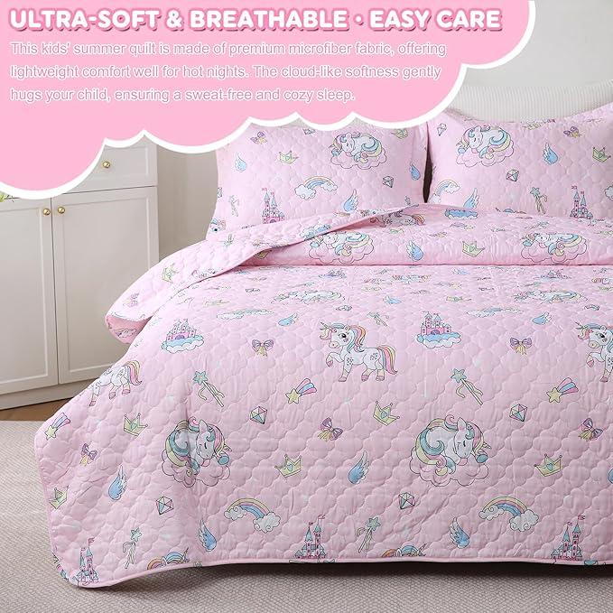Pink Unicorn Girls Quilt Set Queen Size Kids Bedding Sets Lightweight Summer Bedspread Soft Microfiber Breathable Bed Comforter All-Season