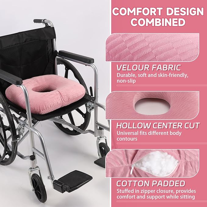 Anti-Slip Wheelchair Cushions, Bed Sore Cushions for Butt, Ergonomic Innovations Orthopedic Donut Pillow, Medical Seat Cushion for Sciatica, Back, Coccyx, Pressure Sore (Pink)