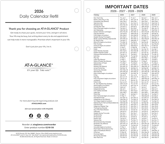 AT-A-GLANCE 2026 Desk Calendar Refill, Daily, 4-1/2" x 8", Large, Loose-Leaf (E2105026)