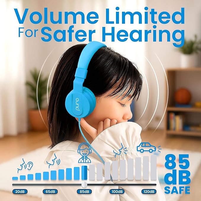 Puro Sound Labs PuroBasic Wired Headphones for Kids - Volume-Limiting & Adjustable with Microphone – Compatible with Smartphones, Tablets, PCs, and More – Safe, Durable Headphones for Kids – Blue