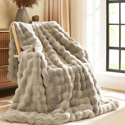 L'AGRATY Faux Rabbit Fur Blanket: 60" x 80" Twin Luxury Soft Fluffy Thick Fur Throw Blanket for Couch Bed Sofa - Cozy Plush Bubble Blankets for Winter: Flannel Fleece Decorative Blanket(Castle Grey)