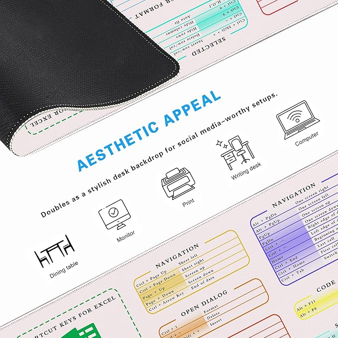 Excel Cheat Sheet Desk Pad, 31.5"x11.8", Waterproof Extra Large Excel Shortcut Mat with Stitched Edges, Anti-Slip Excel Mouse Pad for Office Desk, MS Excel/Word Shortcuts (White Shortcut Key C)