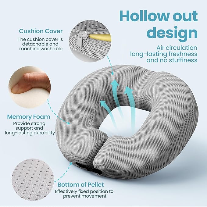 Benazcap Donut Pillow Seat Cushion for Tailbone Pain Relief, Memory Foam Hemorrhoid Pillow by Ergonomic for Coccyx, Sciatica, Pregnancy, Postpartum-Grey