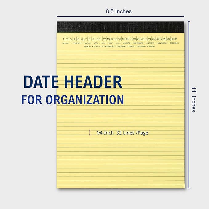 Mymazn Legal Pads with Date on Top, 8.5 x 11 Yellow, 6 Pack, 30 Sheets Each, Micro-Perforated, No-Bleed Paper for Office, School,Notes
