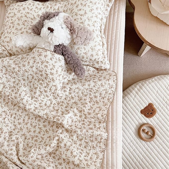BuLuTu 4 Layer Toddler Blanket 100% Cotton Muslin Bed Blankets for kids,Girls,Boys, Designed with Cute Camellia Flowers Lightweight Thermal Baby Blanket, Super Soft and Warm Crib Blanket, 47x51’’