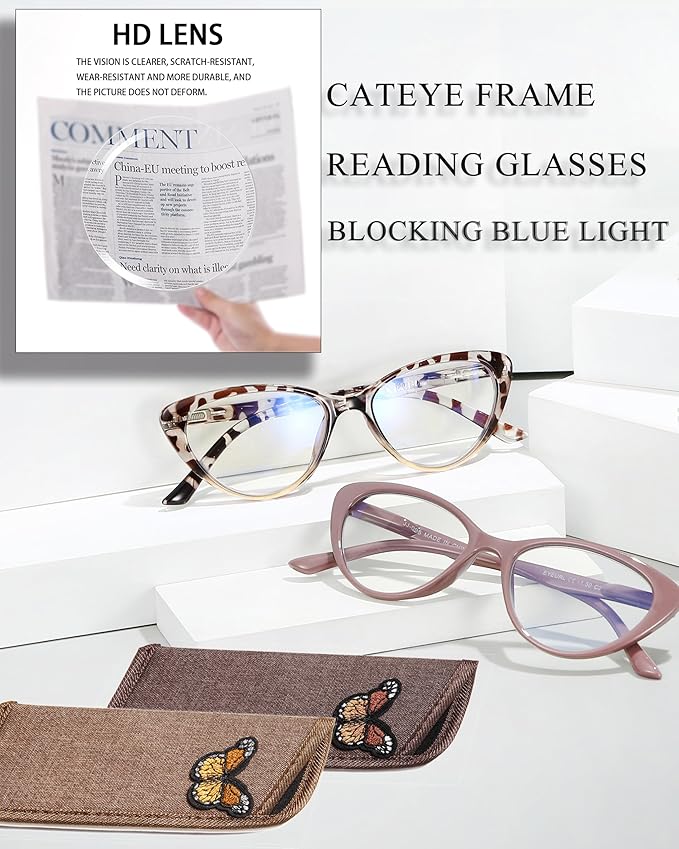 EYEURL Cat Eye Reading Glasses for Women 2 Pair Blue Light Blocking Readers 1.00 Comfort Spring Hinge Lightweight Eyeglasses Anti Glare for Ladies