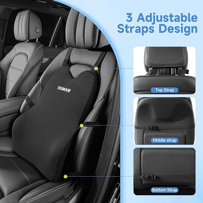 Lumbar Support Pillow for Car Improve Lower Back Pain Relief & Sitting Posture Back Support Memory Foam Back Cushion for Driving, Lumbar Comfort for Long Sitting, Truck with Three Adjustable Straps