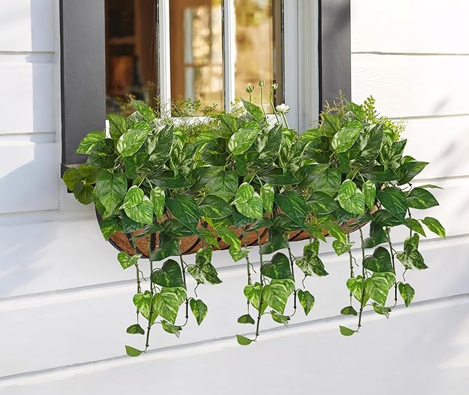 Hollyone Artificial Pothos Hanging Plants 25" Fake Ivy Vine Faux Ivy Pothos Leaves Hanging Plant Greenery for Wall House Room Patio Indoor Outdoor Home Shelf Office Wedding Decor