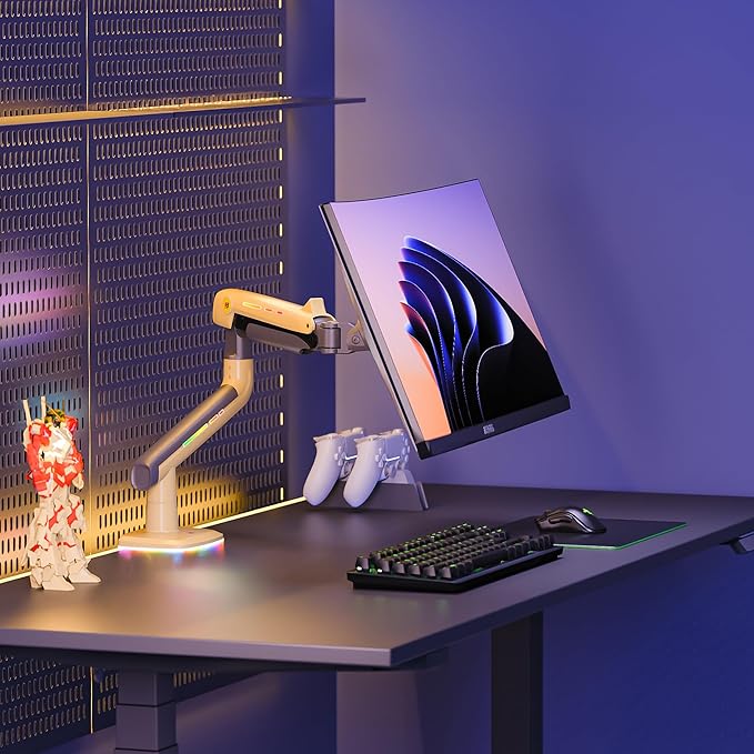 NB Gaming Monitor Arm or for 32 to 60 Inches Screen, Load up to 20 kg, VESA 75/100, RGB-Light, Heavy Duty, Multi Angle Adjustable, Premium Aluminum, Yellow