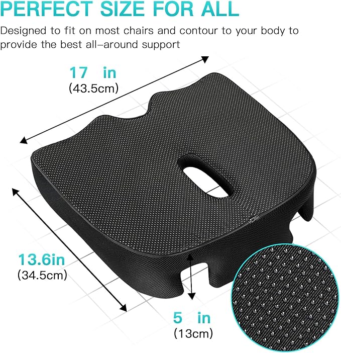 Benazcap Standard Memory Seat Cushion for Office Chair Pressure Relief Sciatica & Tailbone Pain Relief Firm Coccyx Pad for Long Sitting, Office Chair, Gaming Chair and Car Seat-Black, Standard Size