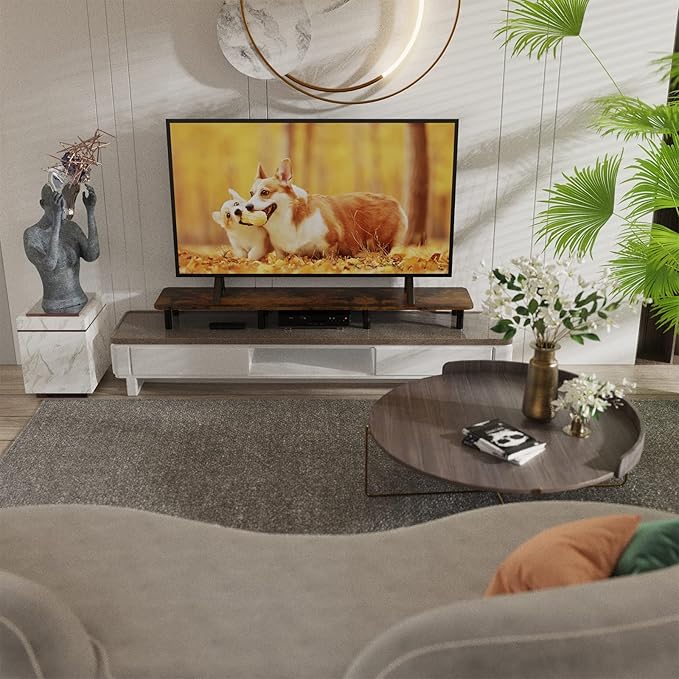 Dual Monitor Stand - 43.7 inch Extra Long Wide TV Stand - Wood & Steel Leg Desktop Riser - Desk Organization - Home Office (Vintage)