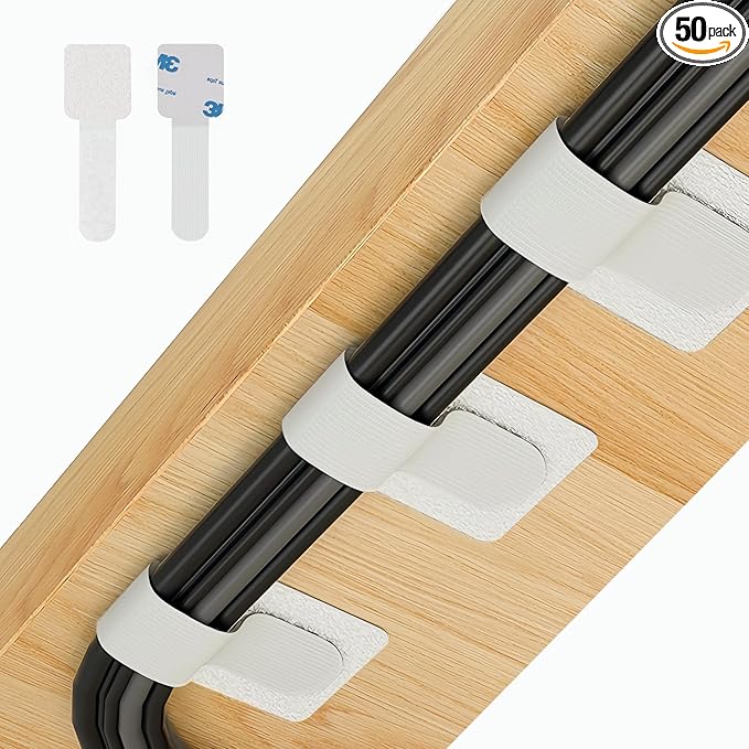 50 PCS Hook and Loop Cable Ties, Under Desk Cable Management, Self Adhesive Cable Clips Straps, Sticky-Back Cord Organizer, Wire Organizer for TV PC Laptop Ethernet Desktop, White